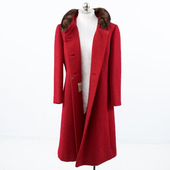 Vintage 50s M Mink Collar Princess Coat Midi Red - Picture 3 of 13